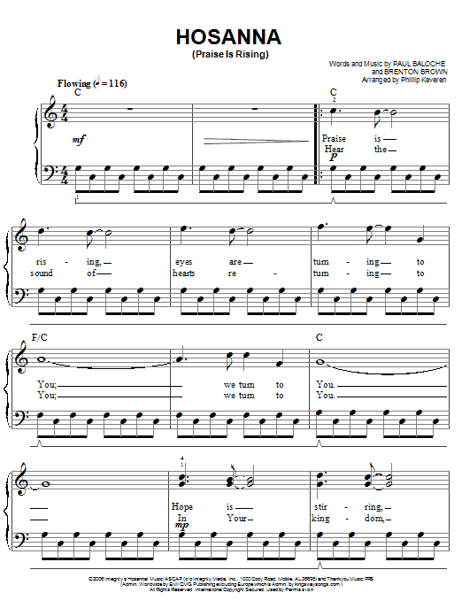 Download Paul Baloche Hosanna (Praise Is Rising) Sheet Music and learn how to play Easy Piano PDF digital score in minutes