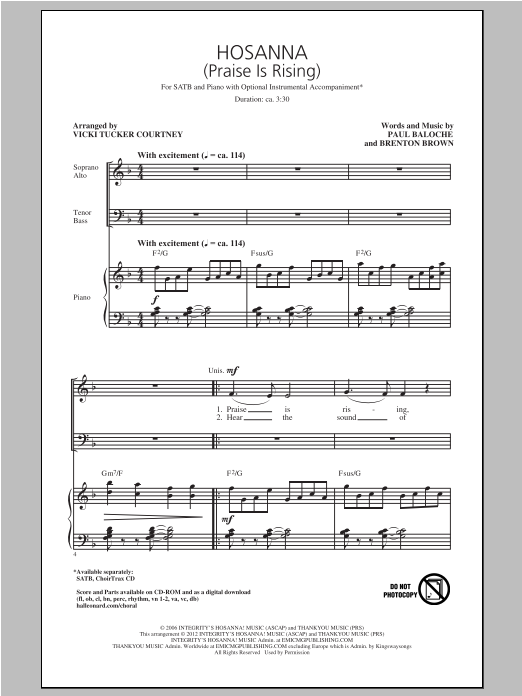 Download Vicki Tucker Courtney Hosanna (Praise Is Rising) Sheet Music and learn how to play SATB PDF digital score in minutes