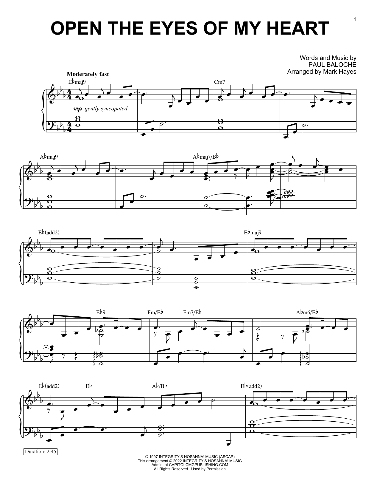 Download Paul Baloche Open The Eyes Of My Heart (arr. Mark Hayes) Sheet Music and learn how to play Piano Solo PDF digital score in minutes