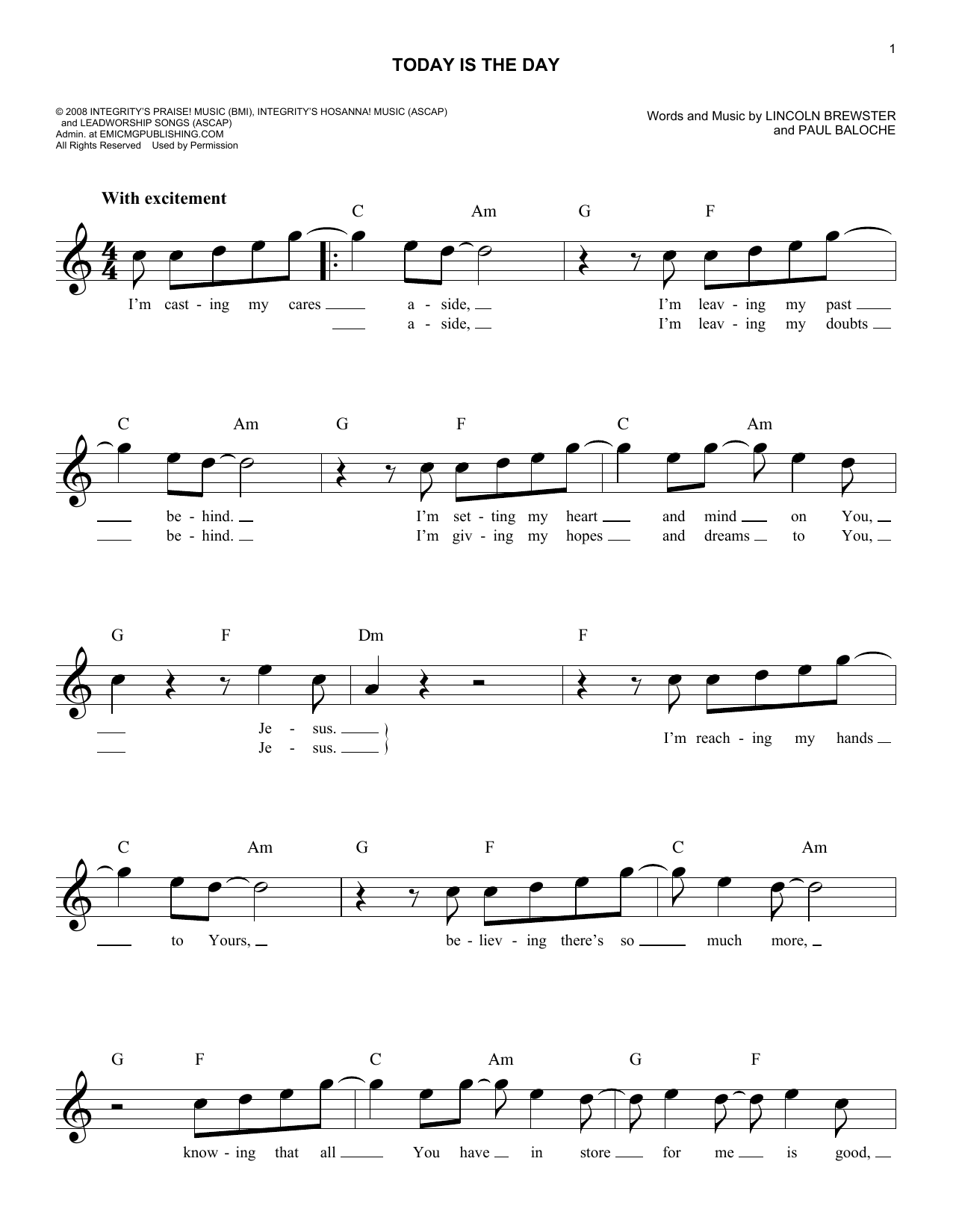 Download Paul Baloche Today Is The Day Sheet Music and learn how to play Melody Line, Lyrics & Chords PDF digital score in minutes