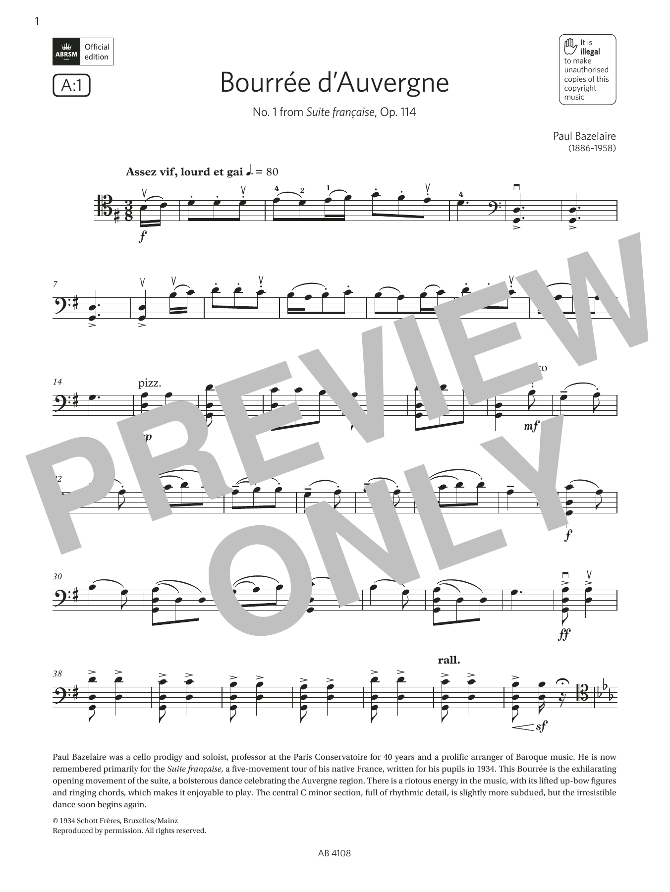 Download Paul Bazelaire Bourée d'Auvergne (Grade 5, A1, from the ABRSM Cello Syllabus from 2024) Sheet Music and learn how to play Cello Solo PDF digital score in minutes
