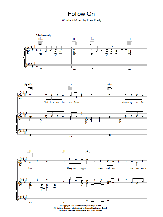 Download Paul Brady Follow On Sheet Music and learn how to play Piano, Vocal & Guitar (Right-Hand Melody) PDF digital score in minutes