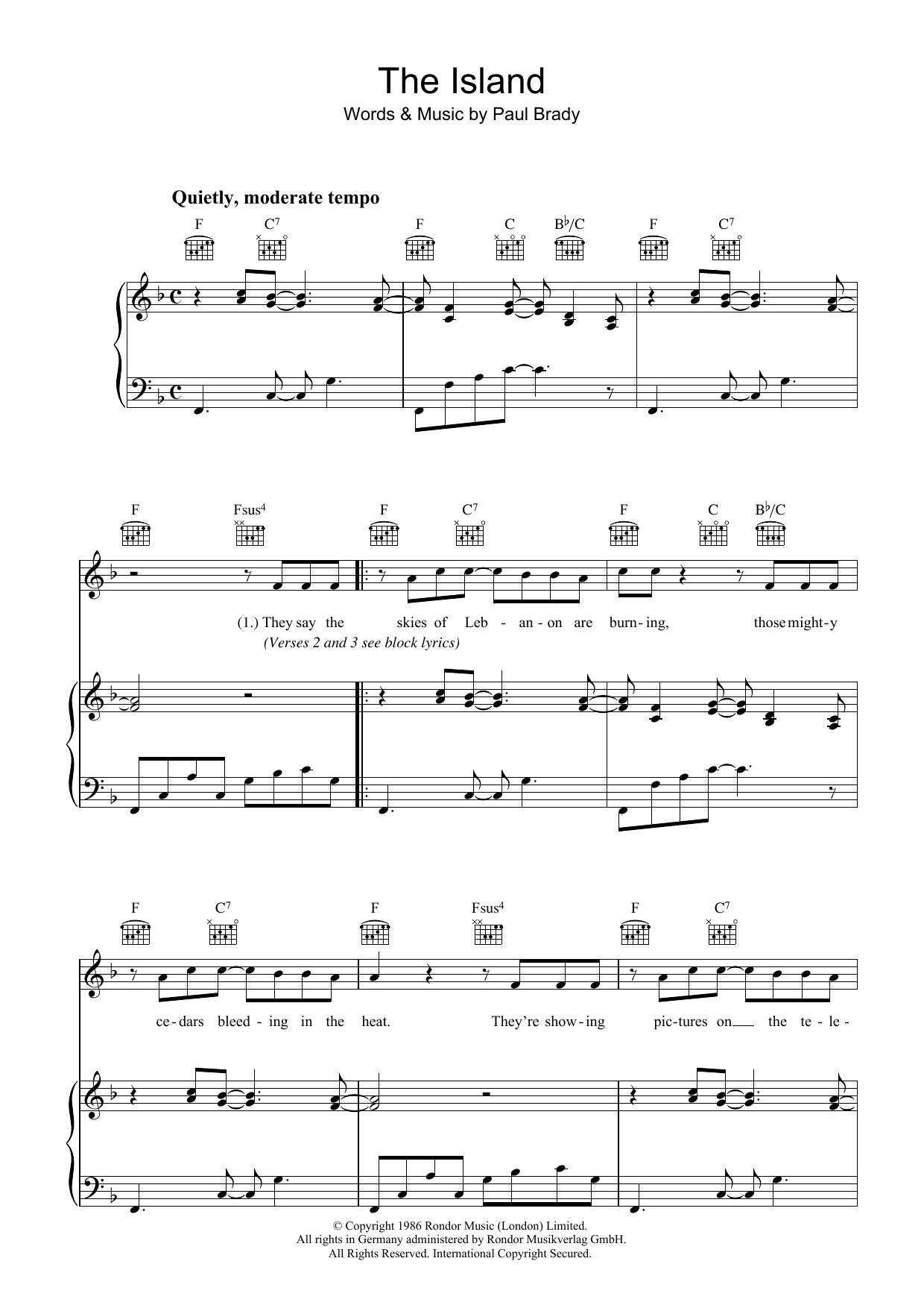 Download Paul Brady The Island Sheet Music and learn how to play Piano, Vocal & Guitar PDF digital score in minutes