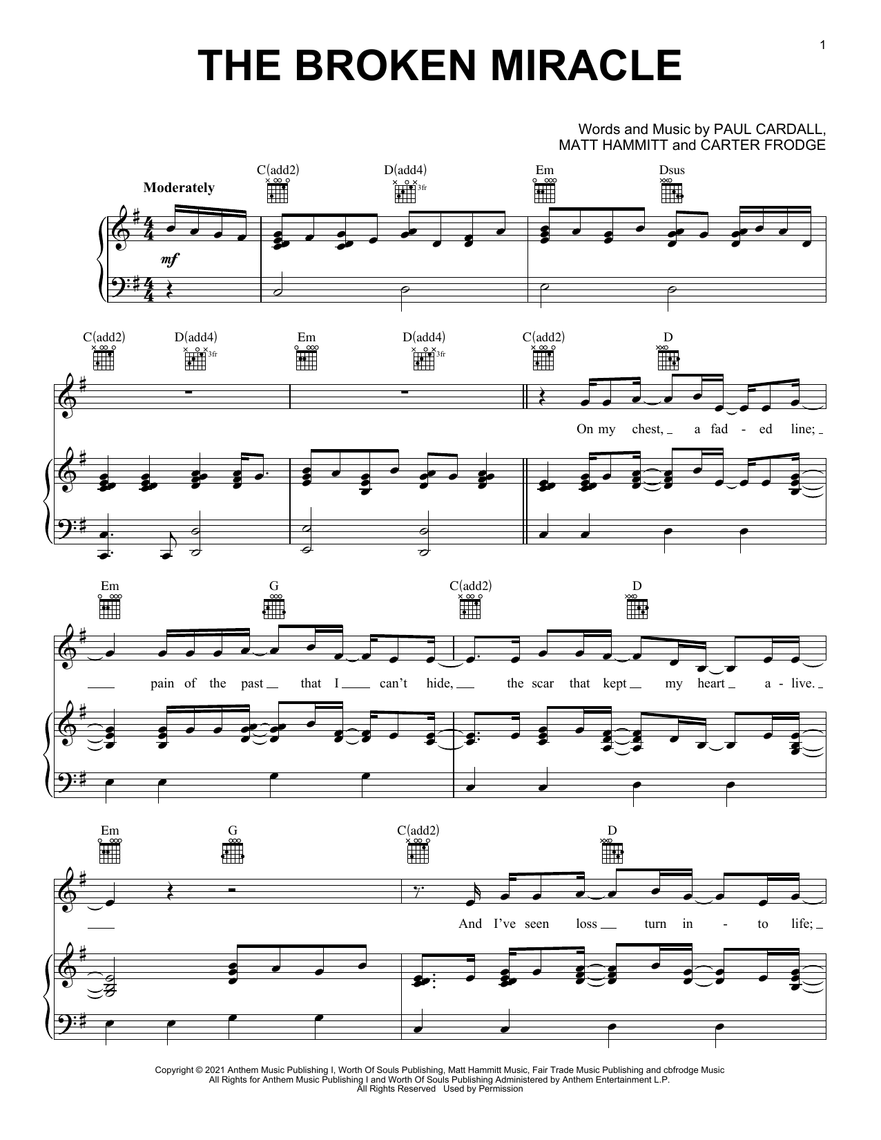 Download Paul Cardall and Matt Hammitt The Broken Miracle Sheet Music and learn how to play Piano, Vocal & Guitar Chords (Right-Hand Melody) PDF digital score in minutes