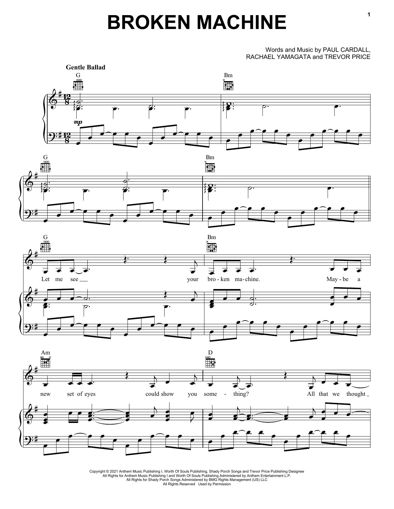 Download Paul Cardall and Rachael Yamagata Broken Machine Sheet Music and learn how to play Piano, Vocal & Guitar Chords (Right-Hand Melody) PDF digital score in minutes