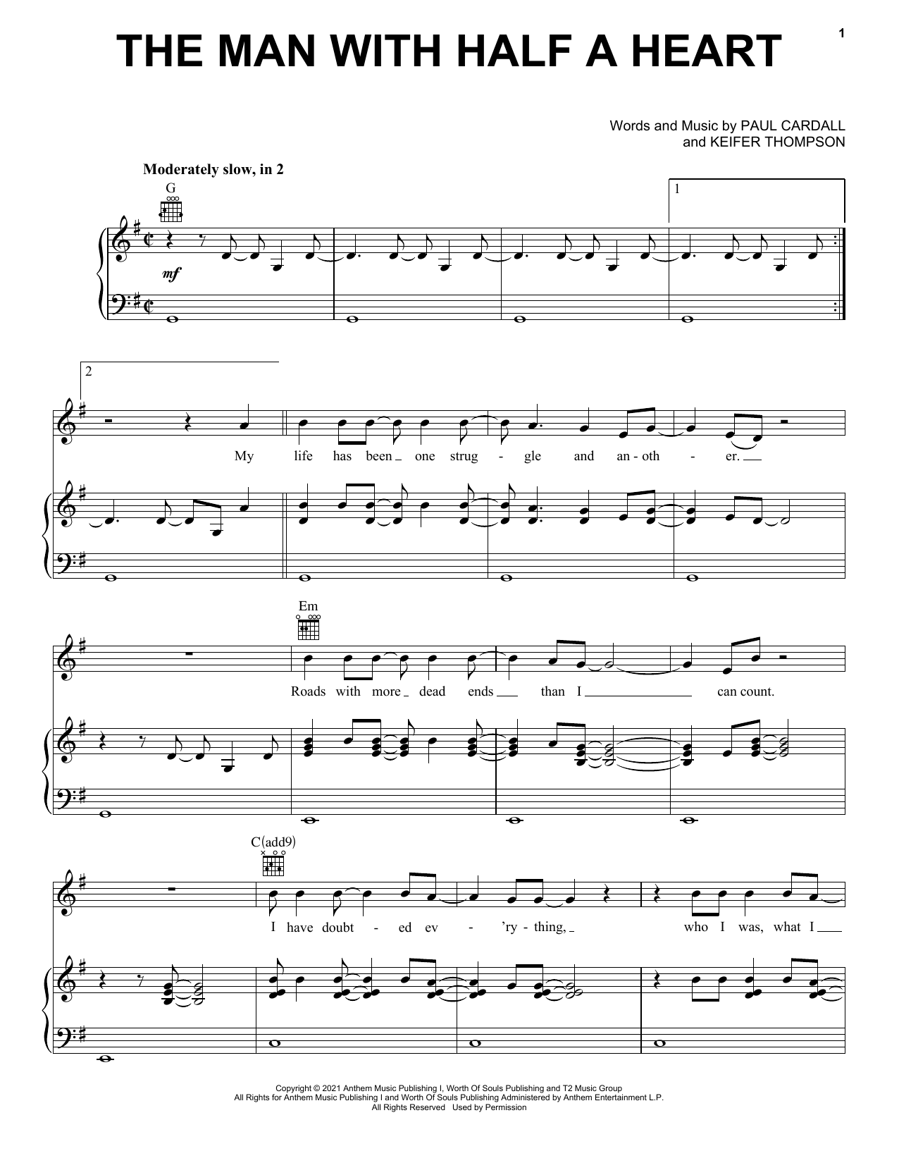 Download Paul Cardall and Thompson Square The Man With Half A Heart Sheet Music and learn how to play Piano, Vocal & Guitar Chords (Right-Hand Melody) PDF digital score in minutes