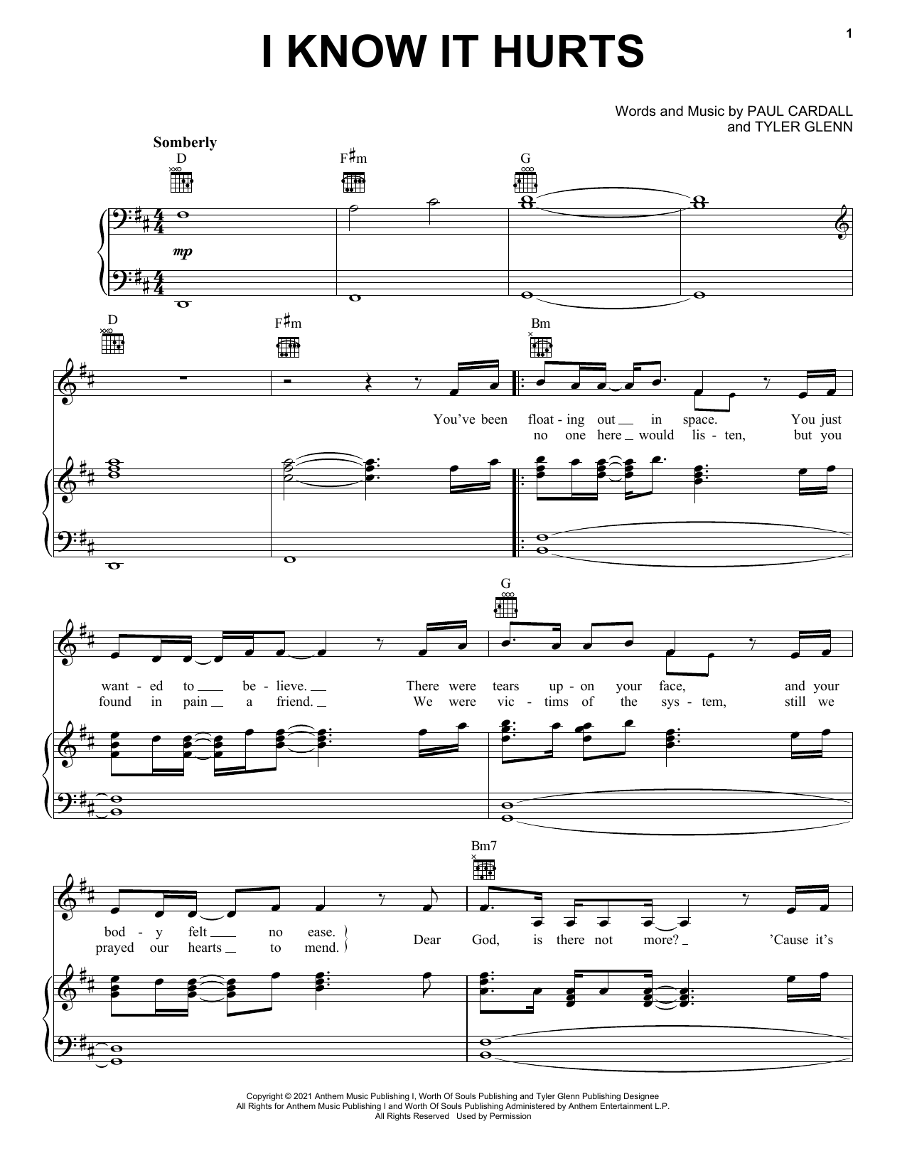 Download Paul Cardall and Tyler Glenn I Know It Hurts Sheet Music and learn how to play Piano, Vocal & Guitar Chords (Right-Hand Melody) PDF digital score in minutes