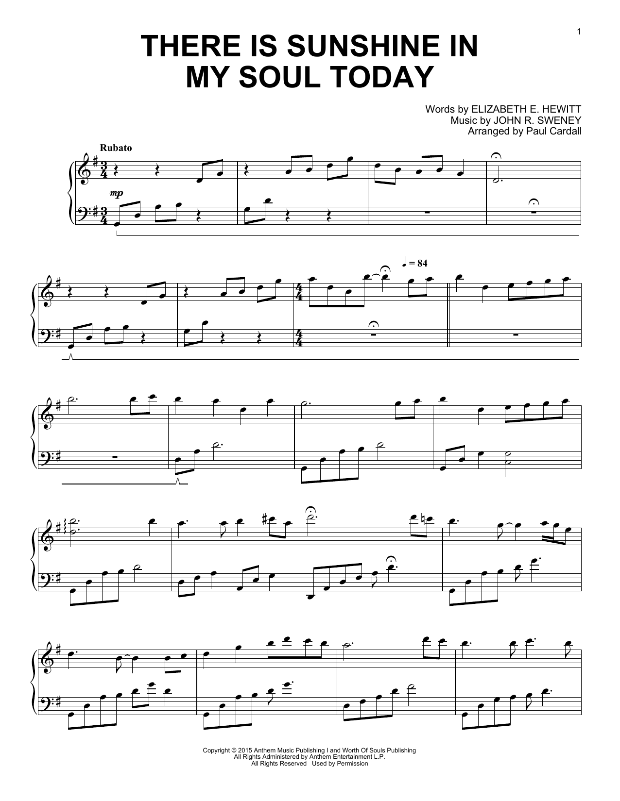Download Paul Cardall There Is Sunshine In My Soul Today Sheet Music and learn how to play Piano Solo PDF digital score in minutes