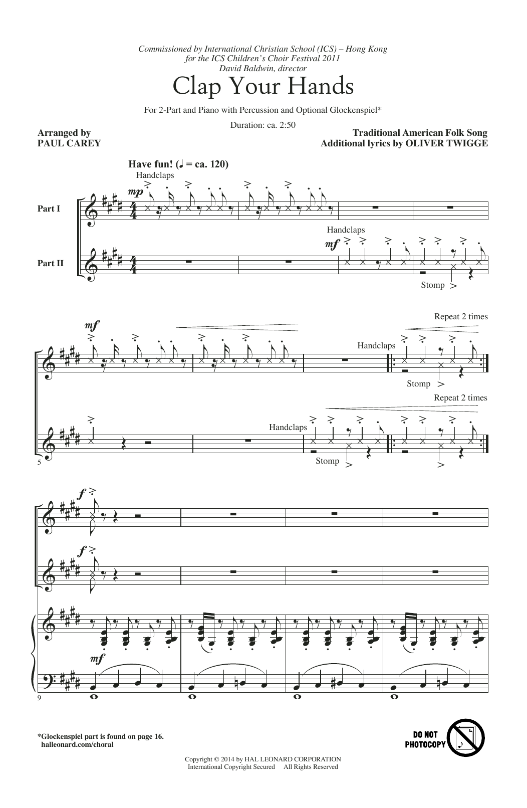 Download Paul Carey Clap Your Hands Sheet Music and learn how to play 2-Part Choir PDF digital score in minutes