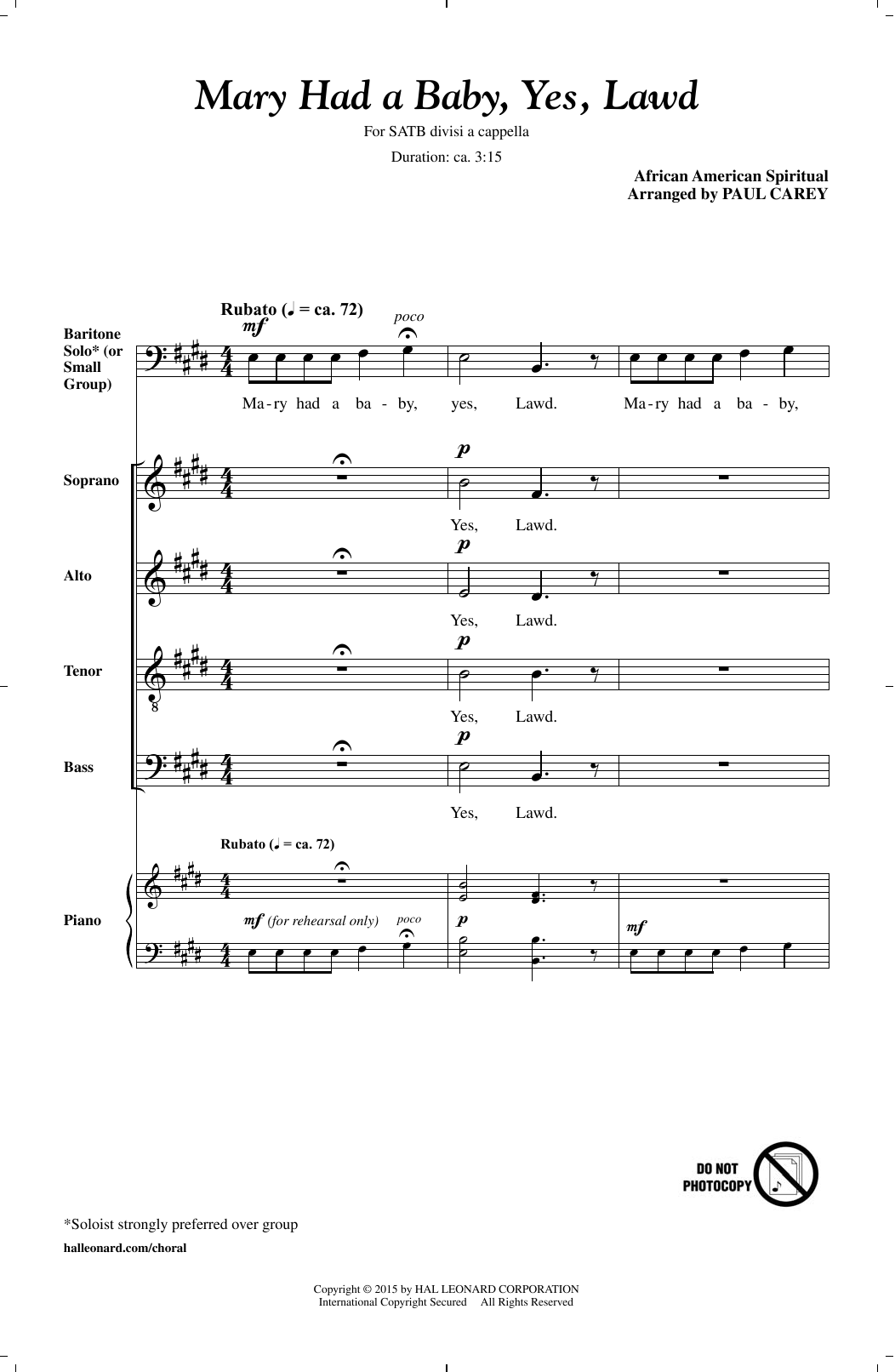 Download African-American Spiritual Mary Had A Baby, Yes, Lawd (arr. Paul Carey) Sheet Music and learn how to play SATB PDF digital score in minutes