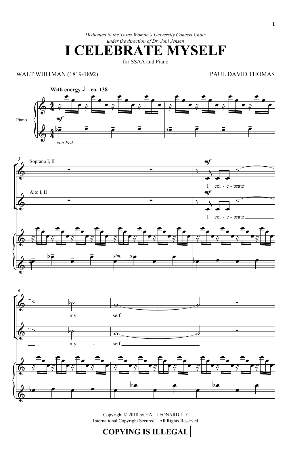 Download Paul David Thomas I Celebrate Myself Sheet Music and learn how to play SSA PDF digital score in minutes