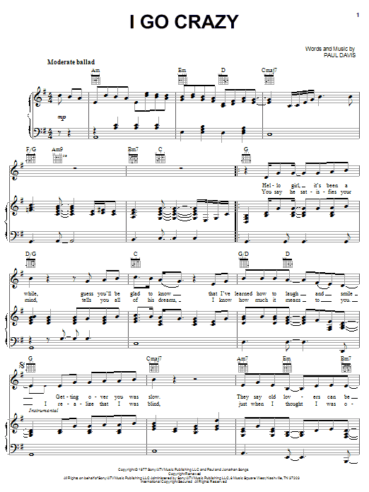 Download Paul Davis I Go Crazy Sheet Music and learn how to play Piano, Vocal & Guitar (Right-Hand Melody) PDF digital score in minutes