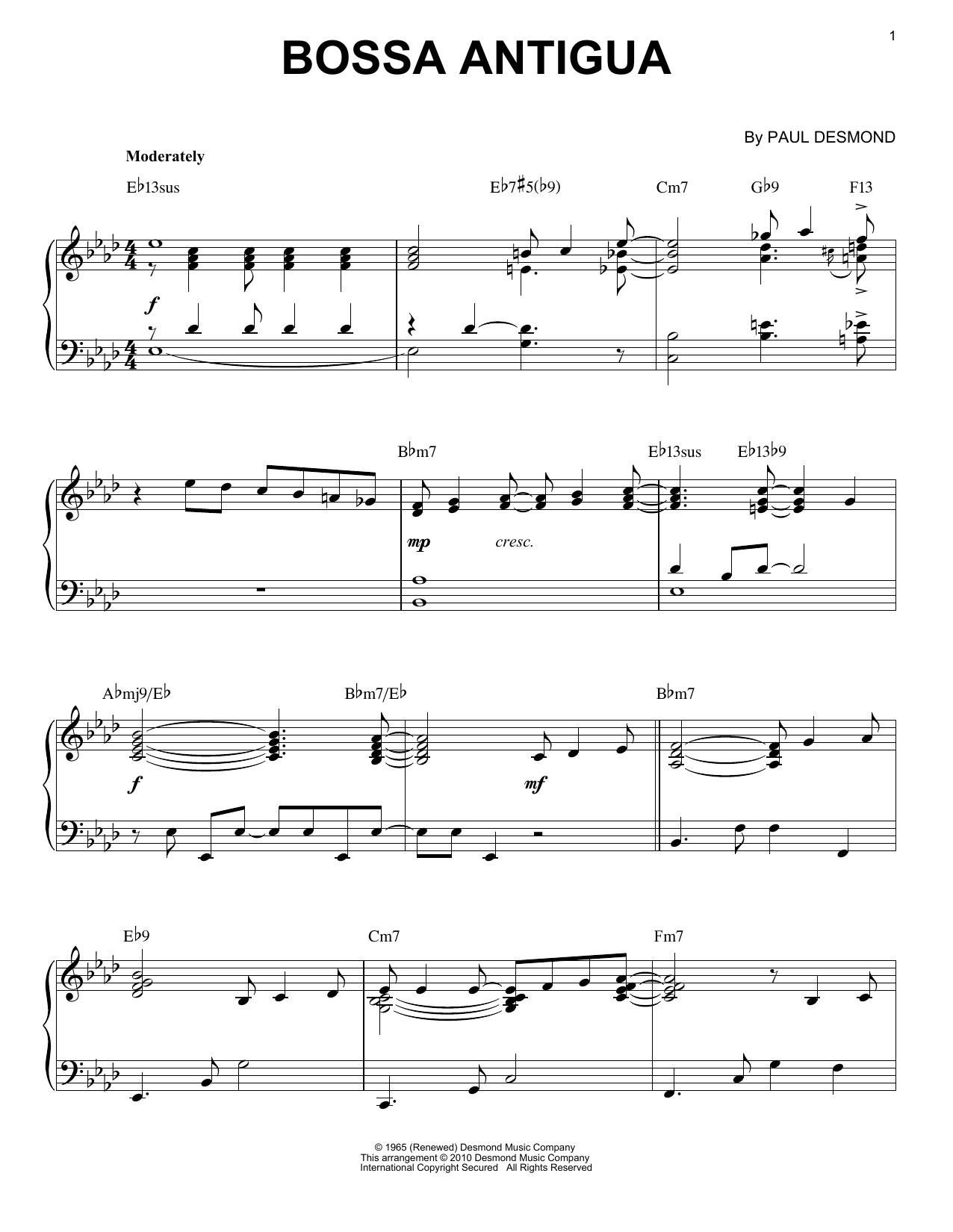 Download Paul Desmond Bossa Antigua [Jazz version] (arr. Brent Edstrom) Sheet Music and learn how to play Piano Solo PDF digital score in minutes