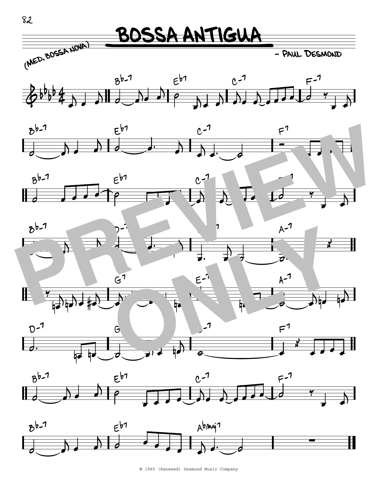 Download Paul Desmond Bossa Antigua Sheet Music and learn how to play Real Book – Melody & Chords – C Instruments PDF digital score in minutes