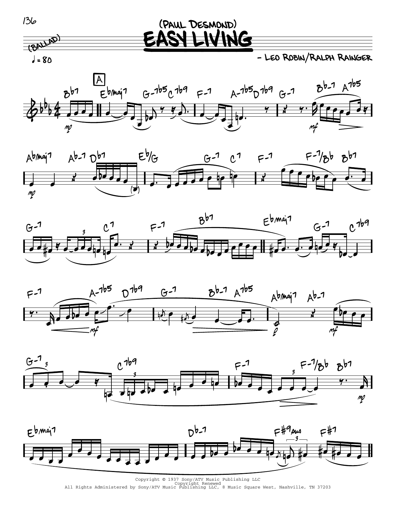 Download Paul Desmond Easy Living (solo only) Sheet Music and learn how to play Real Book – Melody & Chords PDF digital score in minutes