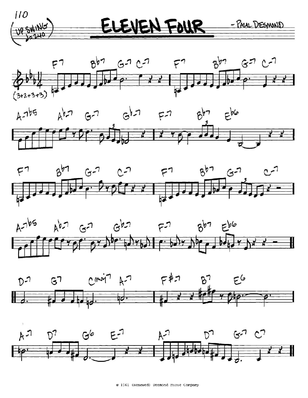 Download Paul Desmond Eleven Four Sheet Music and learn how to play Real Book – Melody & Chords – C Instruments PDF digital score in minutes