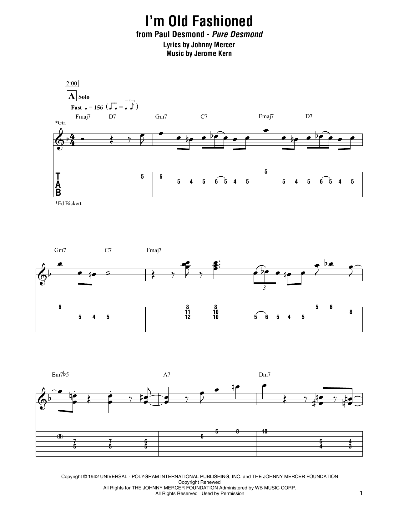 Download Paul Desmond I'm Old Fashioned Sheet Music and learn how to play Electric Guitar Transcription PDF digital score in minutes