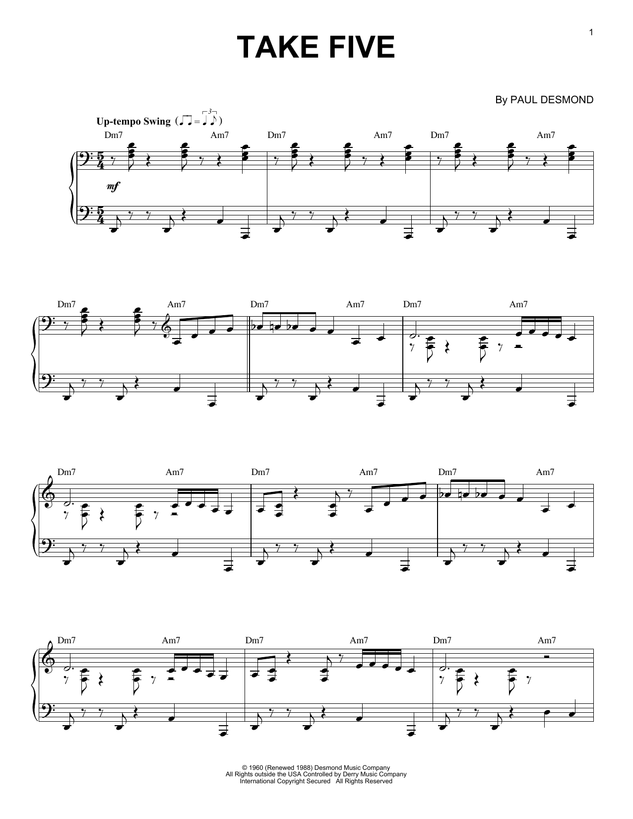 Download Paul Desmond Take Five (arr. Brent Edstrom) [Jazz version] Sheet Music and learn how to play Piano Solo PDF digital score in minutes