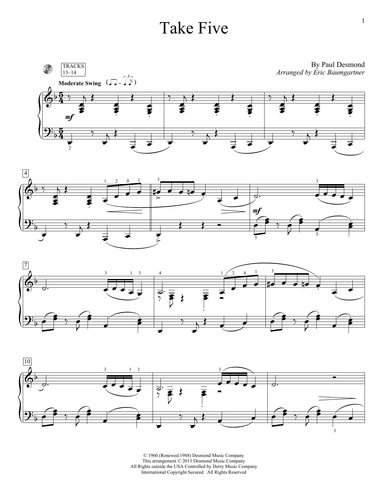 Download Paul Desmond Take Five (arr. Eric Baumgartner) Sheet Music and learn how to play Educational Piano PDF digital score in minutes