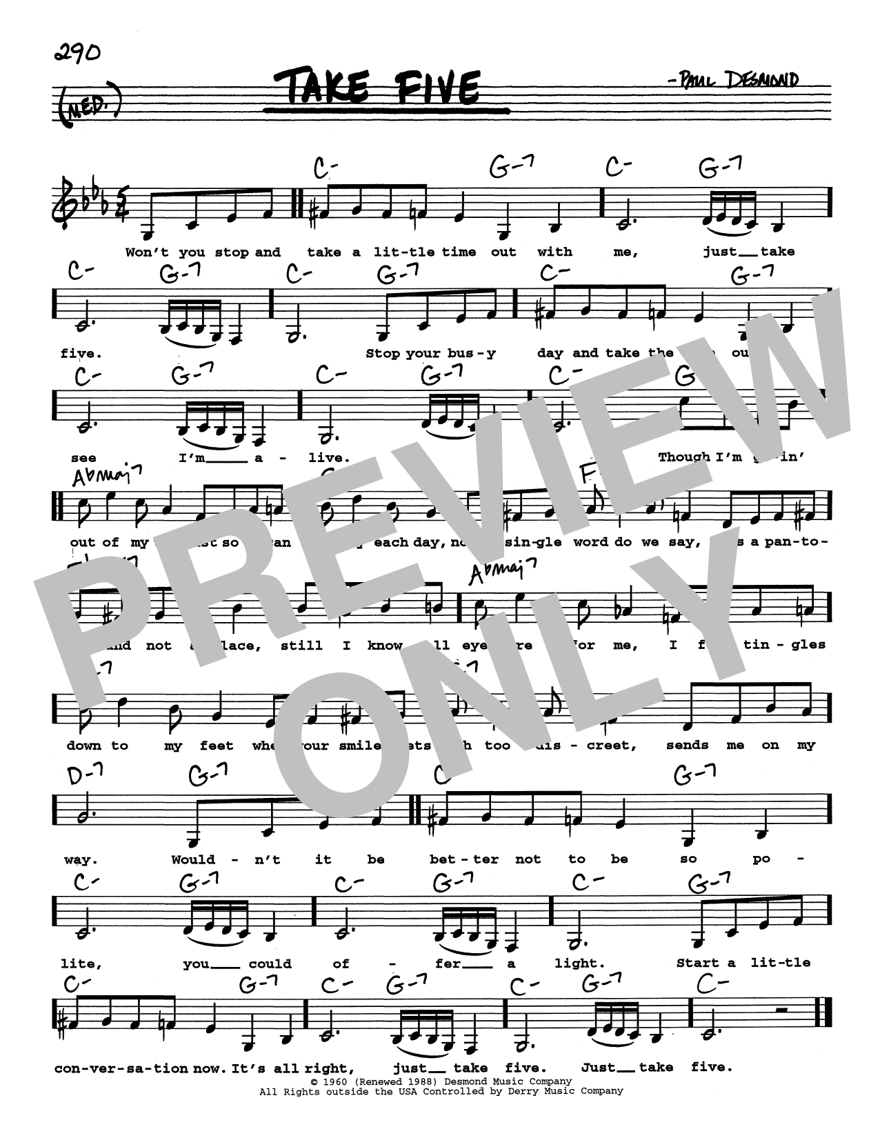 Download Paul Desmond Take Five (Low Voice) Sheet Music and learn how to play Real Book – Melody, Lyrics & Chords PDF digital score in minutes