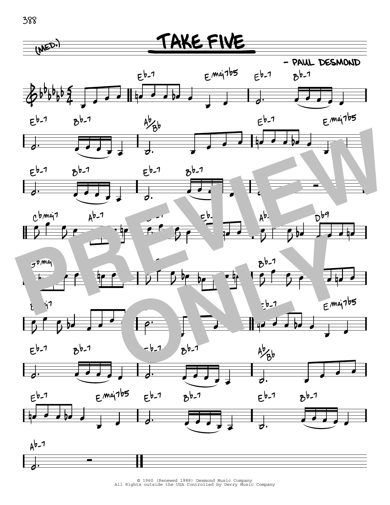 Download Paul Desmond Take Five [Reharmonized version] (arr. Jack Grassel) Sheet Music and learn how to play Real Book – Melody & Chords PDF digital score in minutes