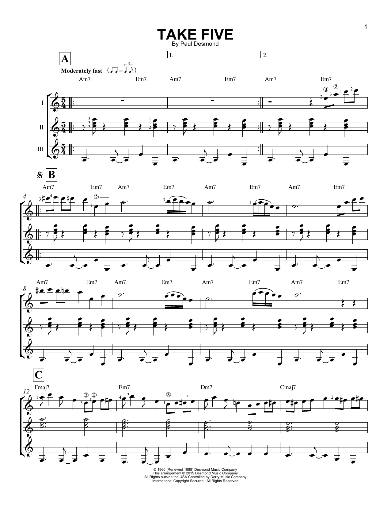 Download Paul Desmond Take Five Sheet Music and learn how to play Guitar Ensemble PDF digital score in minutes