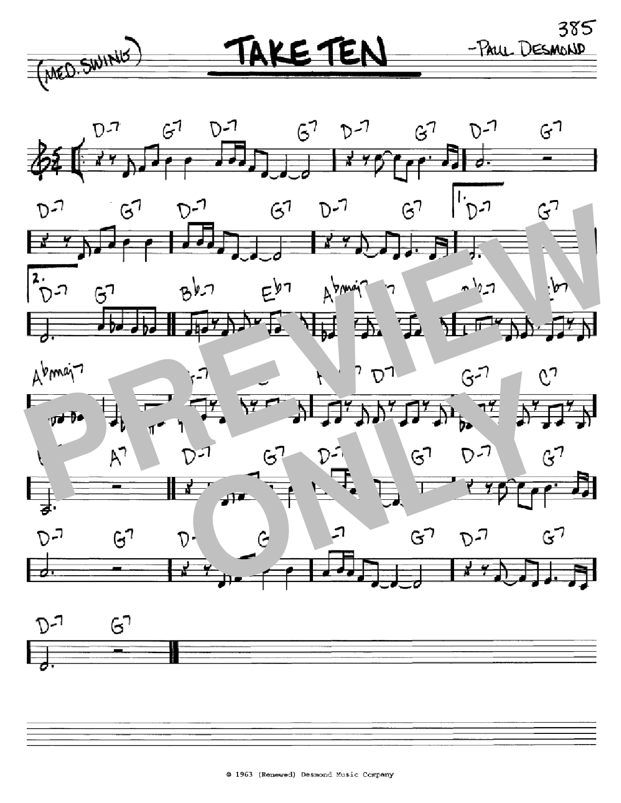 Download Paul Desmond Take Ten Sheet Music and learn how to play Real Book – Melody & Chords – C Instruments PDF digital score in minutes