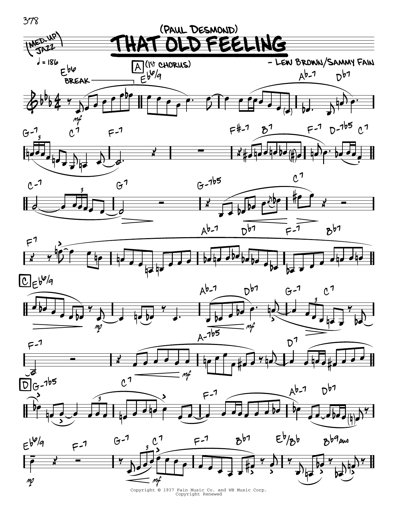 Download Paul Desmond That Old Feeling (solo only) Sheet Music and learn how to play Real Book – Melody & Chords PDF digital score in minutes