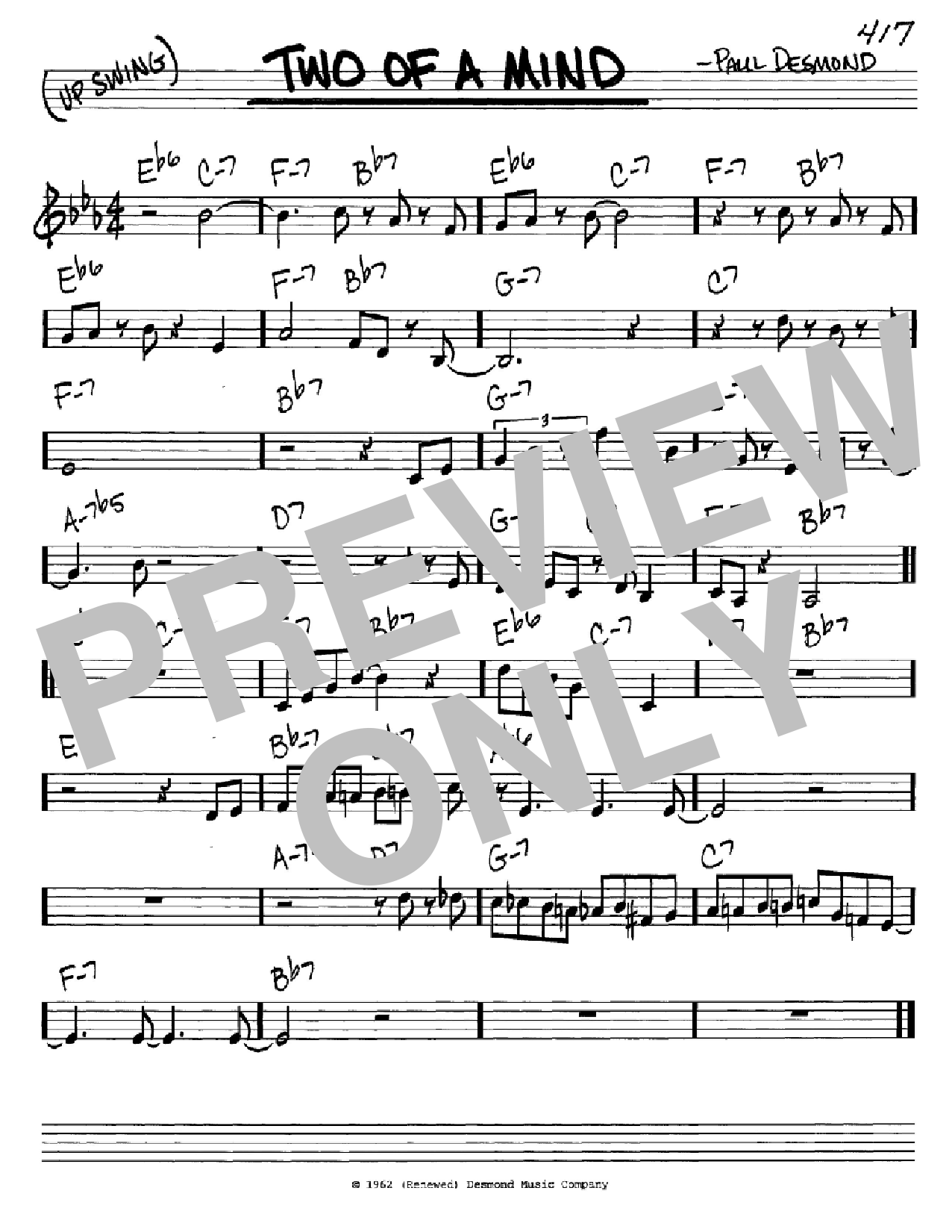 Download Paul Desmond Two Of A Mind Sheet Music and learn how to play Real Book – Melody & Chords – C Instruments PDF digital score in minutes