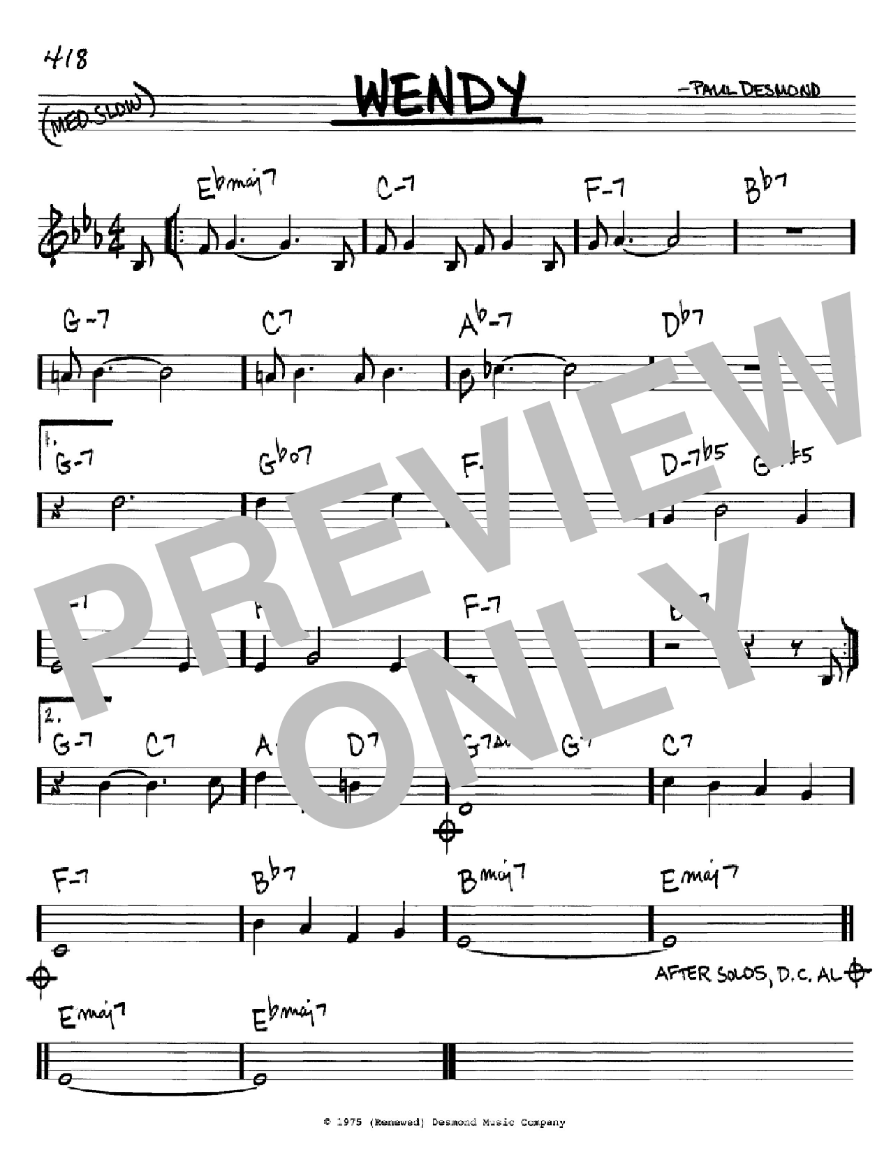 Download Paul Desmond Wendy Sheet Music and learn how to play Real Book – Melody & Chords – C Instruments PDF digital score in minutes
