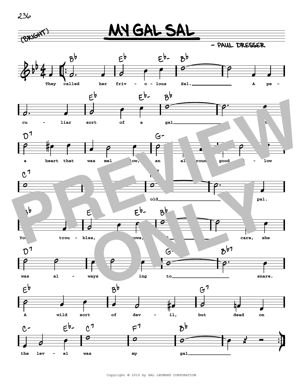 Download Paul Dresser My Gal Sal (arr. Robert Rawlins) Sheet Music and learn how to play Real Book – Melody, Lyrics & Chords PDF digital score in minutes