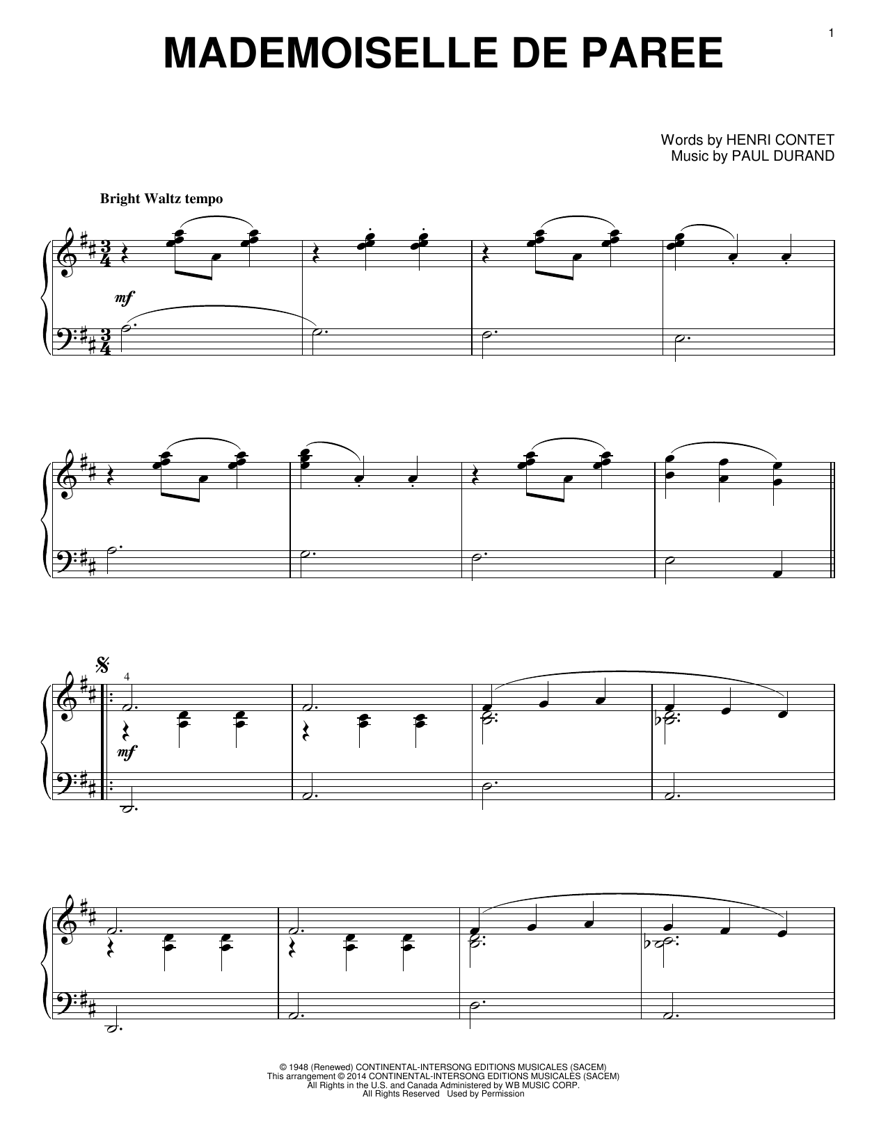 Download Paul Durand Mademoiselle De Paree Sheet Music and learn how to play Piano PDF digital score in minutes