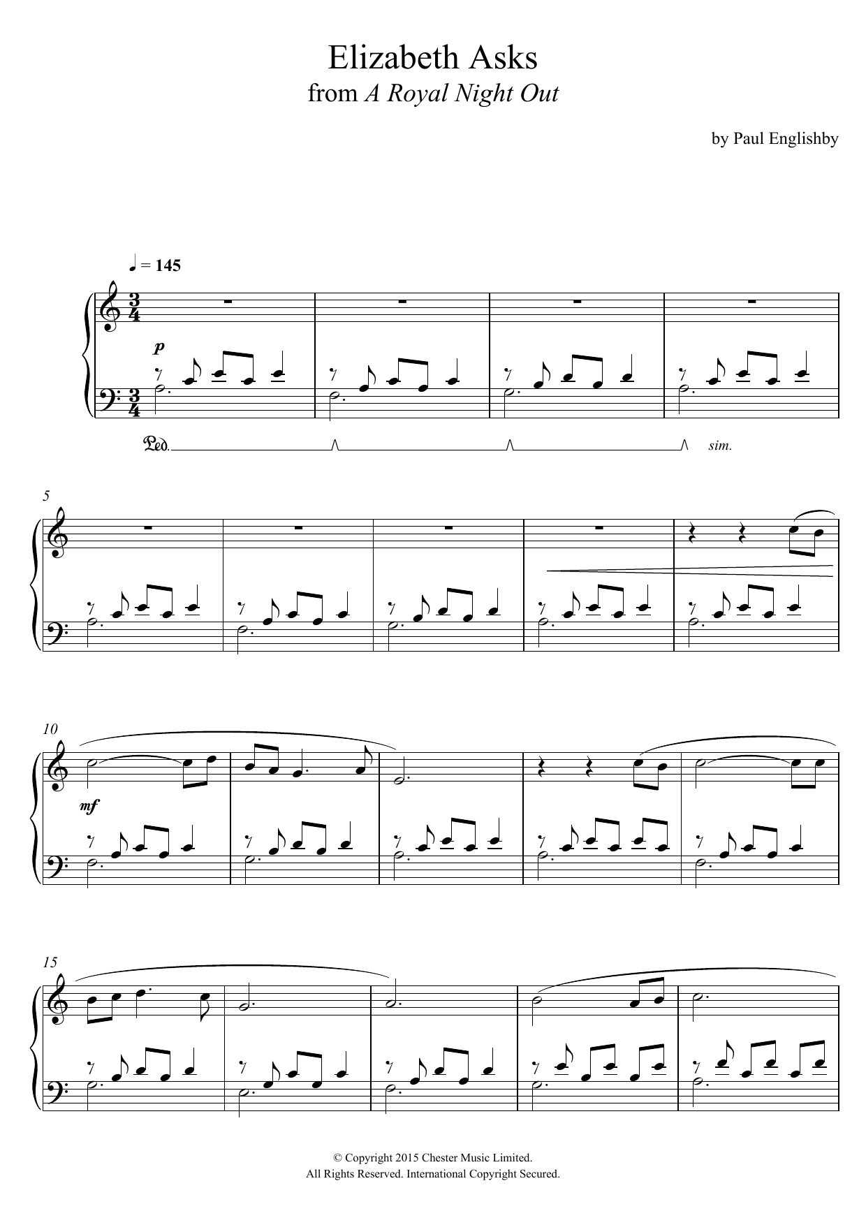Download Paul Englishby Elizabeth Asks (From 'A Royal Night Out') Sheet Music and learn how to play Piano PDF digital score in minutes