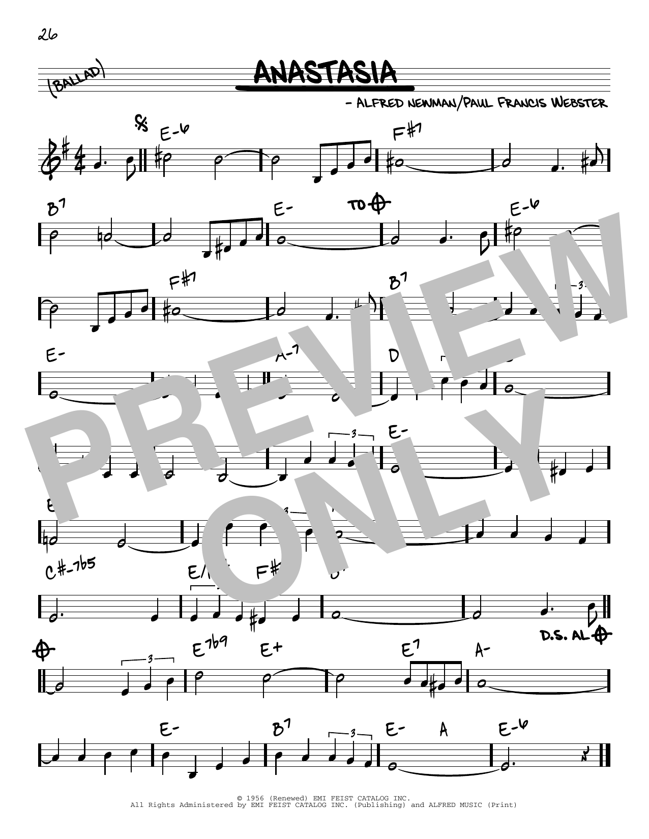 Download Paul Francis Webster and Alfred Newman Anastasia Sheet Music and learn how to play Real Book – Melody & Chords PDF digital score in minutes