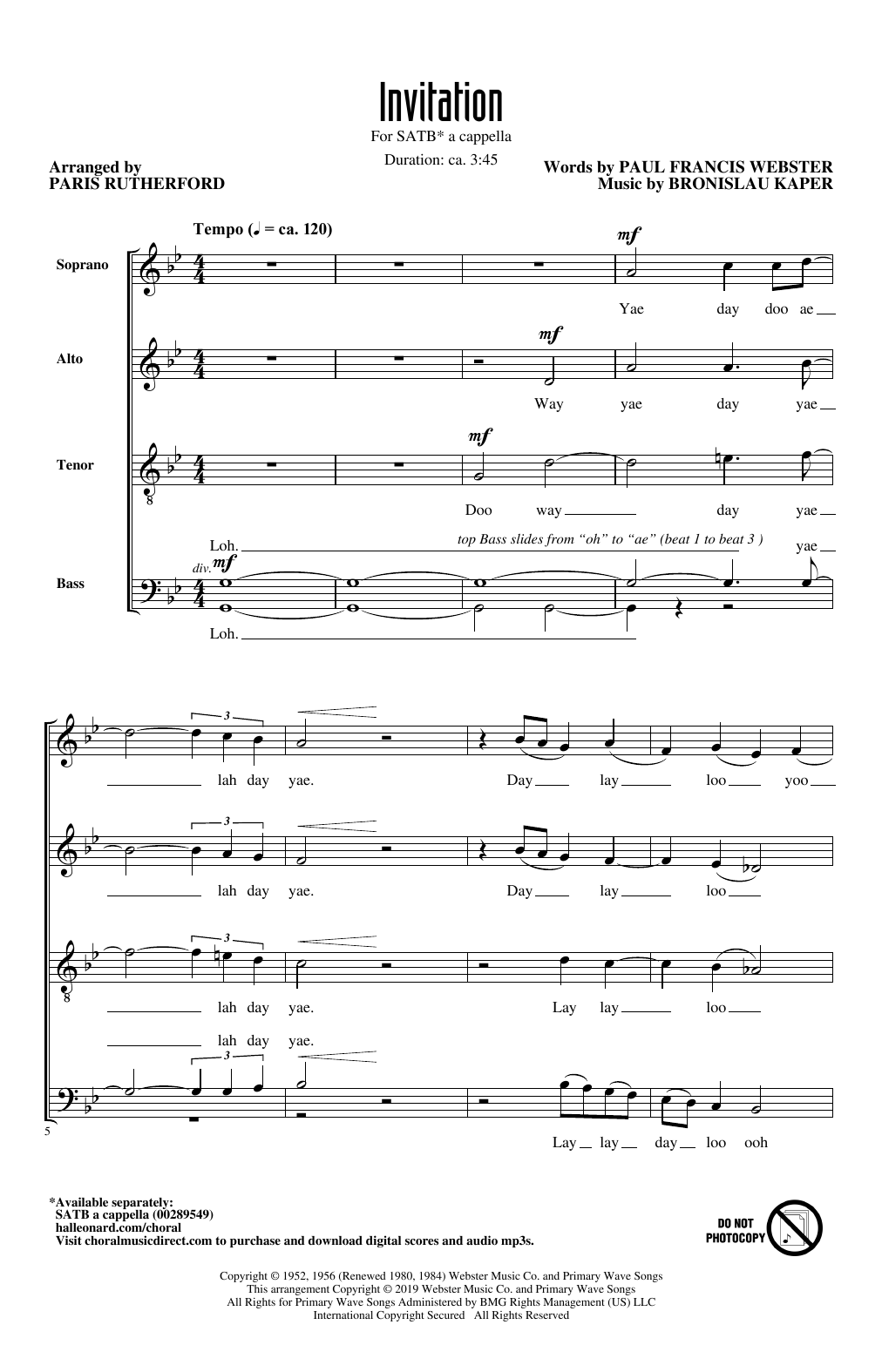 Download Paul Francis Webster and Bronislau Kaper Invitation (arr. Paris Rutherford) Sheet Music and learn how to play SATB Choir PDF digital score in minutes