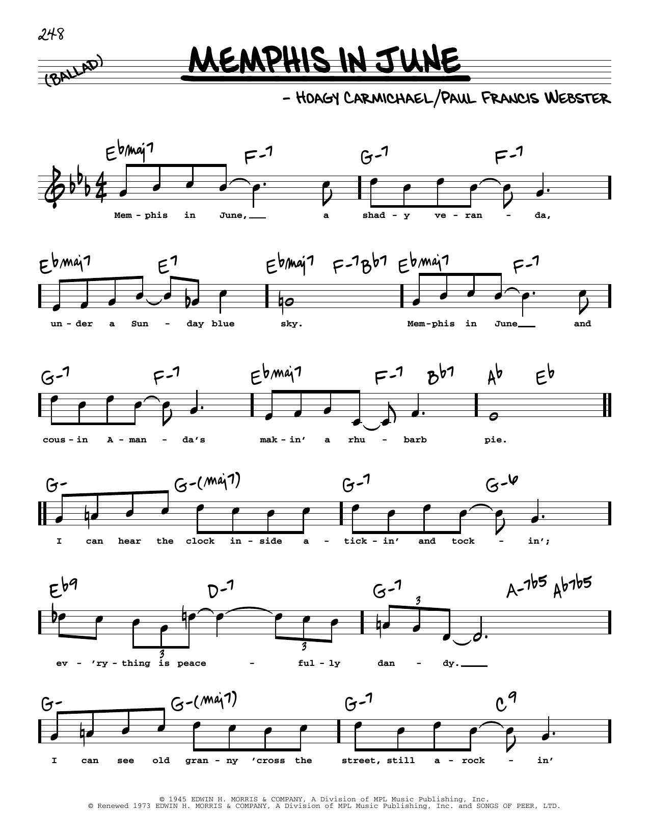 Download Paul Francis Webster and Hoagy Carmichael Memphis In June (High Voice) (from Johnny Angel) Sheet Music and learn how to play Real Book – Melody, Lyrics & Chords PDF digital score in minutes