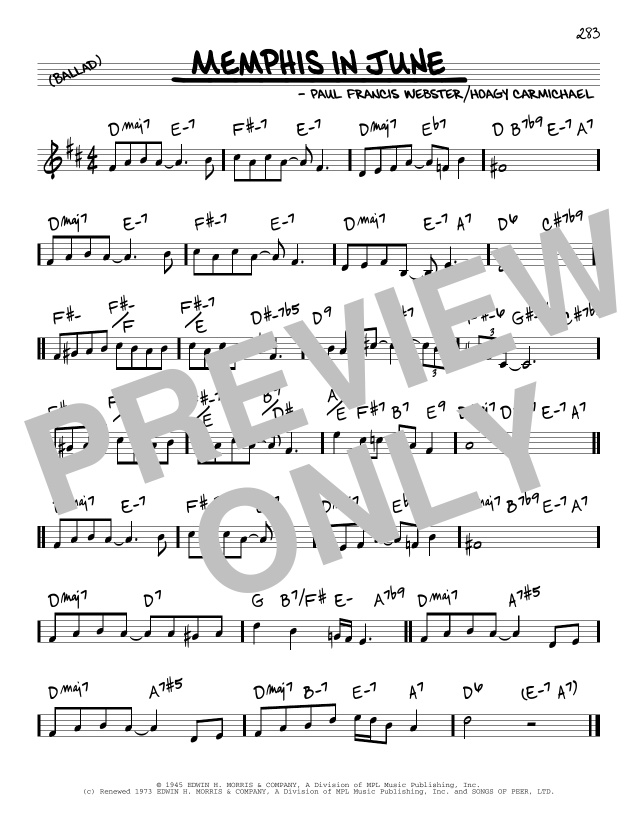 Download Paul Francis Webster and Hoagy Carmichael Memphis In June Sheet Music and learn how to play Real Book – Melody & Chords PDF digital score in minutes