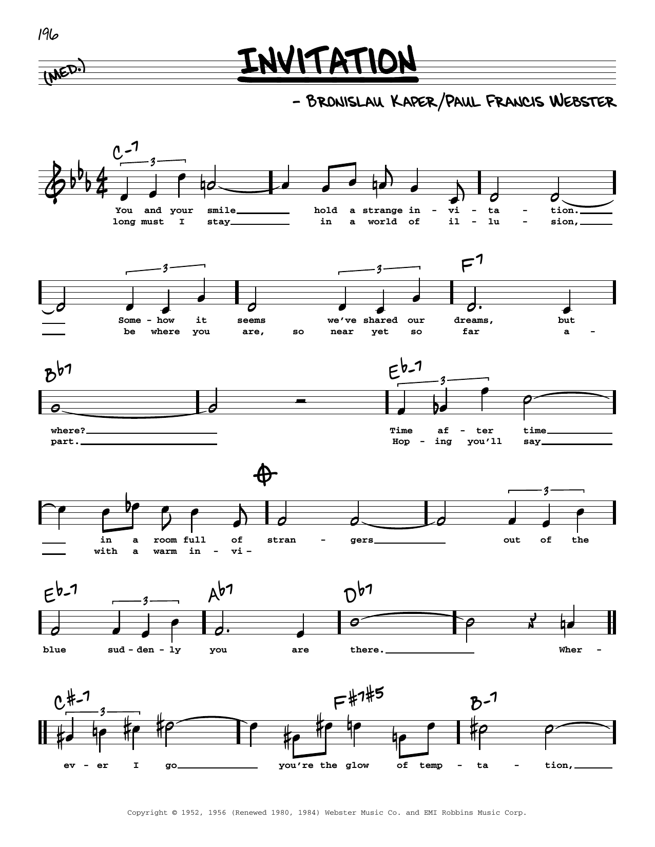 Download Paul Francis Webster Invitation (High Voice) Sheet Music and learn how to play Real Book – Melody, Lyrics & Chords PDF digital score in minutes