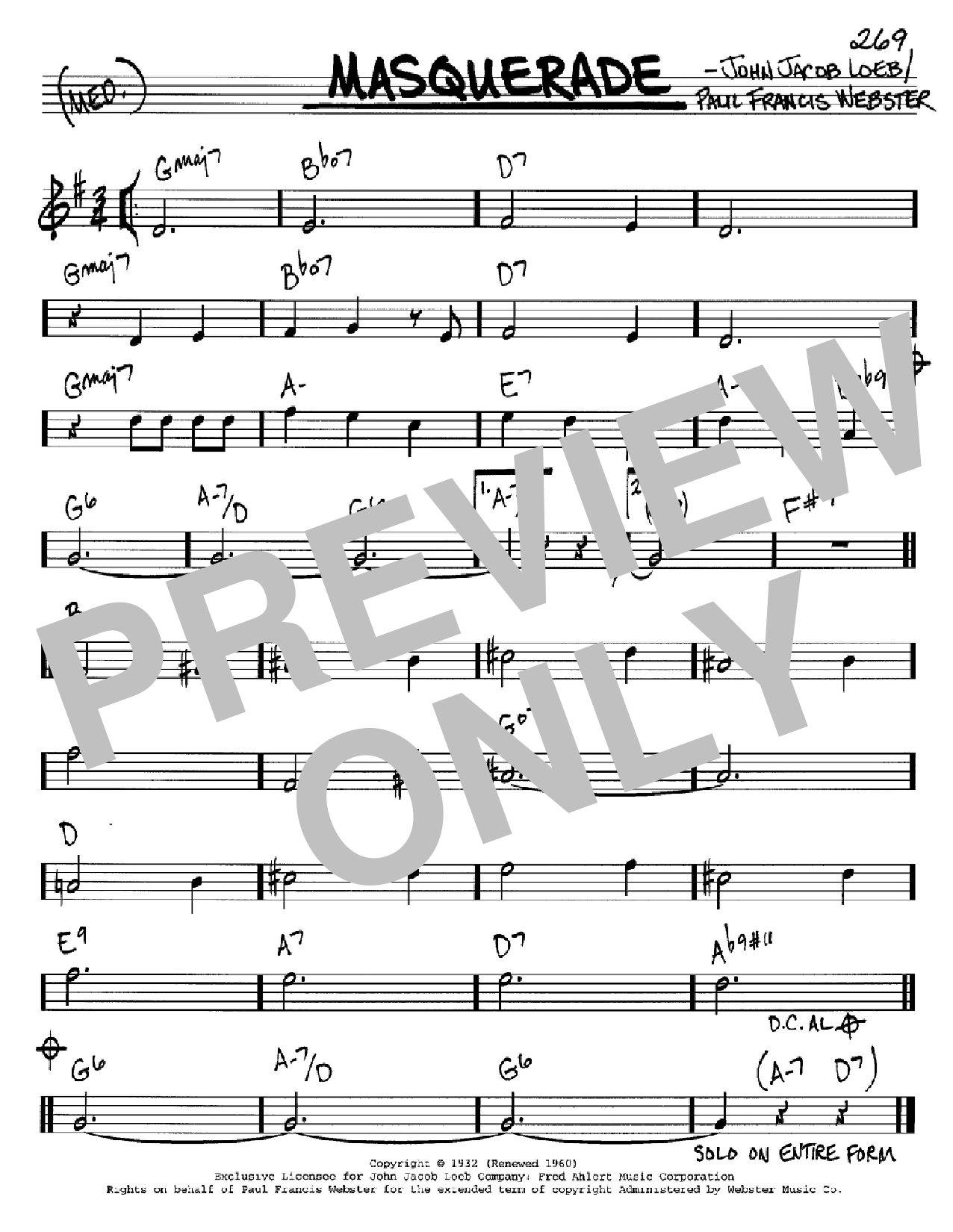 Download Paul Francis Webster Masquerade Sheet Music and learn how to play Real Book - Melody, Lyrics & Chords - C Instruments PDF digital score in minutes