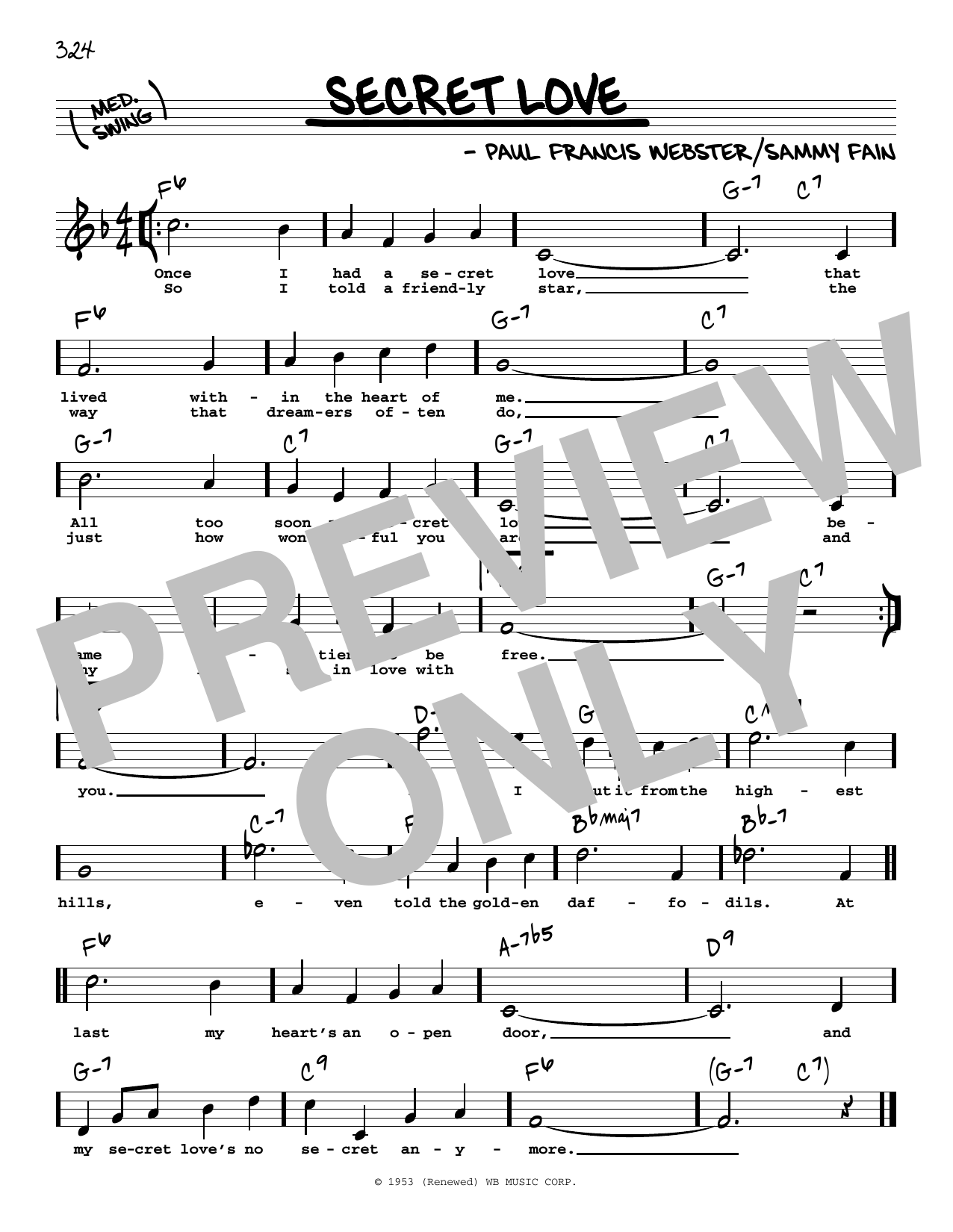 Download Paul Francis Webster Secret Love (High Voice) Sheet Music and learn how to play Real Book – Melody, Lyrics & Chords PDF digital score in minutes