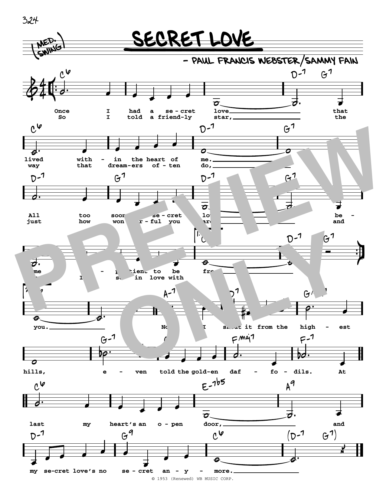 Download Paul Francis Webster Secret Love (Low Voice) Sheet Music and learn how to play Real Book – Melody, Lyrics & Chords PDF digital score in minutes