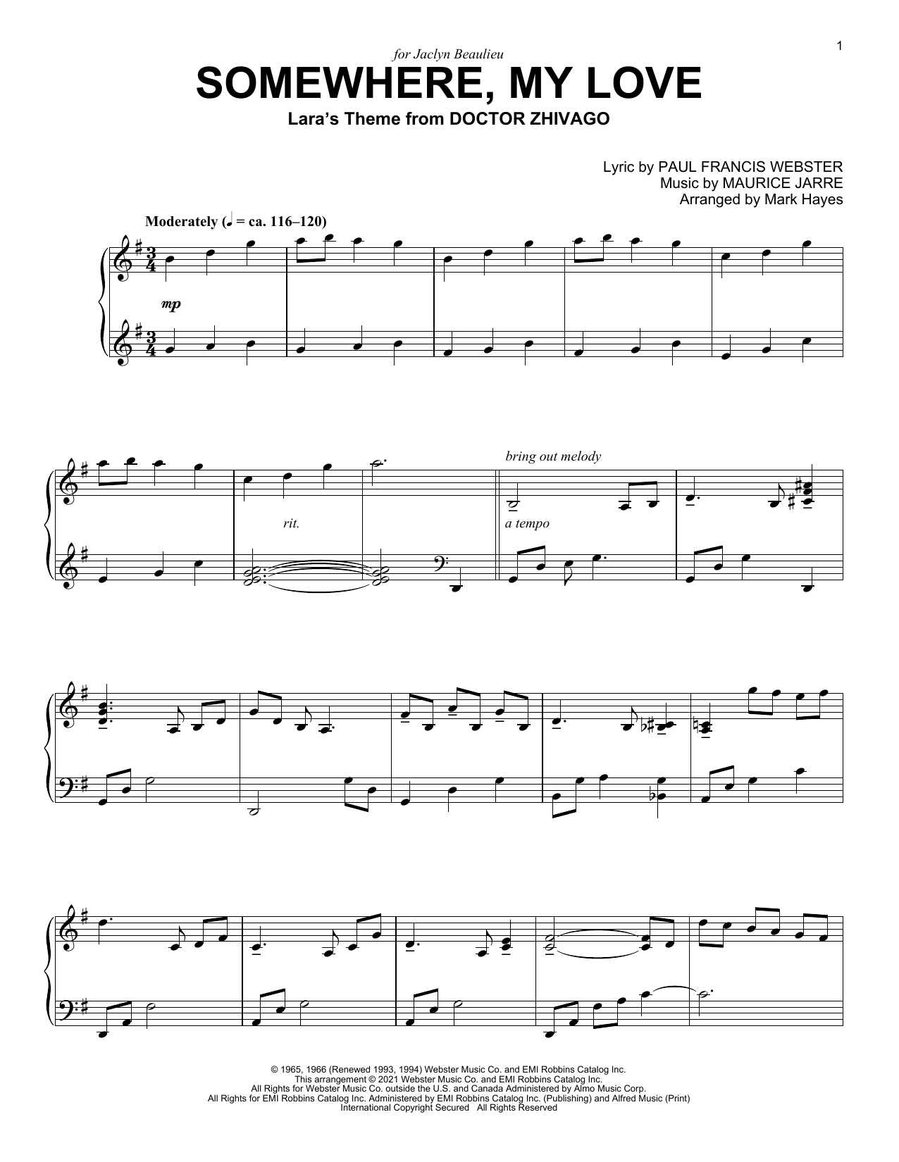 Download Paul Francis Webster Somewhere, My Love (Lara's Theme from Doctor Zhivago) (arr. Mark Hayes) Sheet Music and learn how to play Piano Solo PDF digital score in minutes