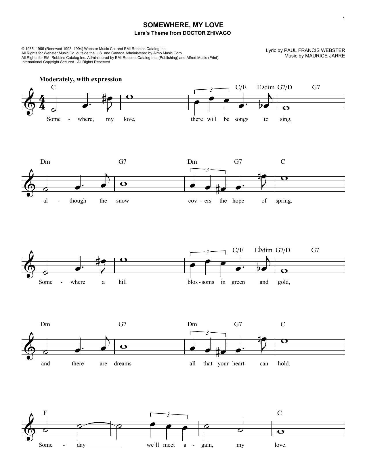 Download Paul Francis Webster Somewhere, My Love Sheet Music and learn how to play Melody Line, Lyrics & Chords PDF digital score in minutes