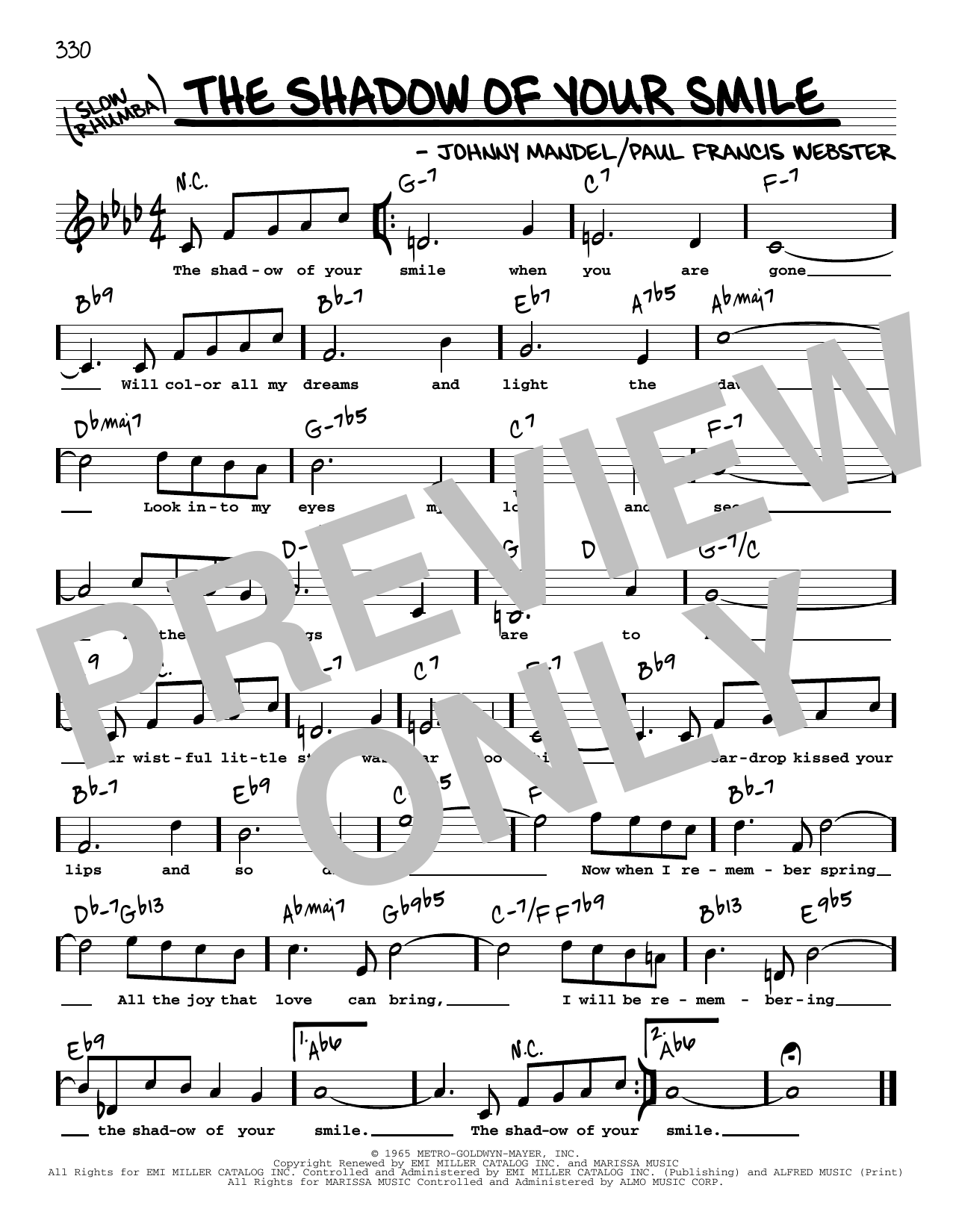 Download Paul Francis Webster The Shadow Of Your Smile (High Voice) Sheet Music and learn how to play Real Book – Melody, Lyrics & Chords PDF digital score in minutes