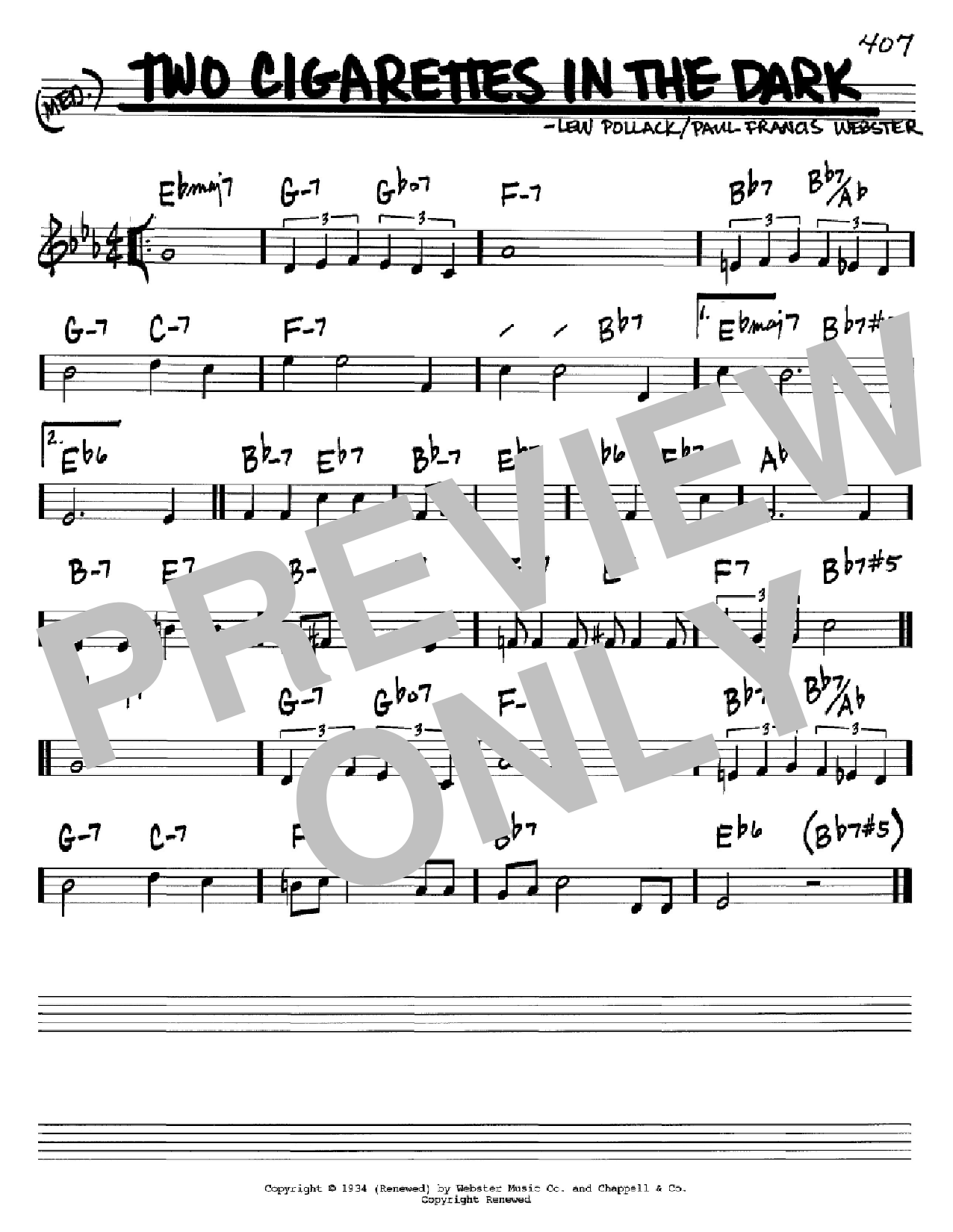 Download Paul Francis Webster Two Cigarettes In The Dark Sheet Music and learn how to play Real Book – Melody & Chords – C Instruments PDF digital score in minutes