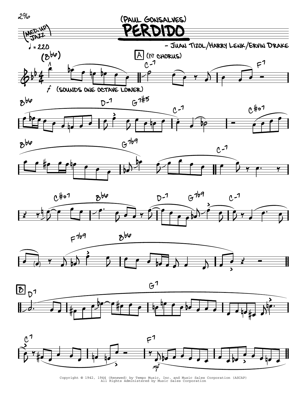 Download Paul Gonsalves Perdido (solo only) Sheet Music and learn how to play Real Book – Melody & Chords PDF digital score in minutes