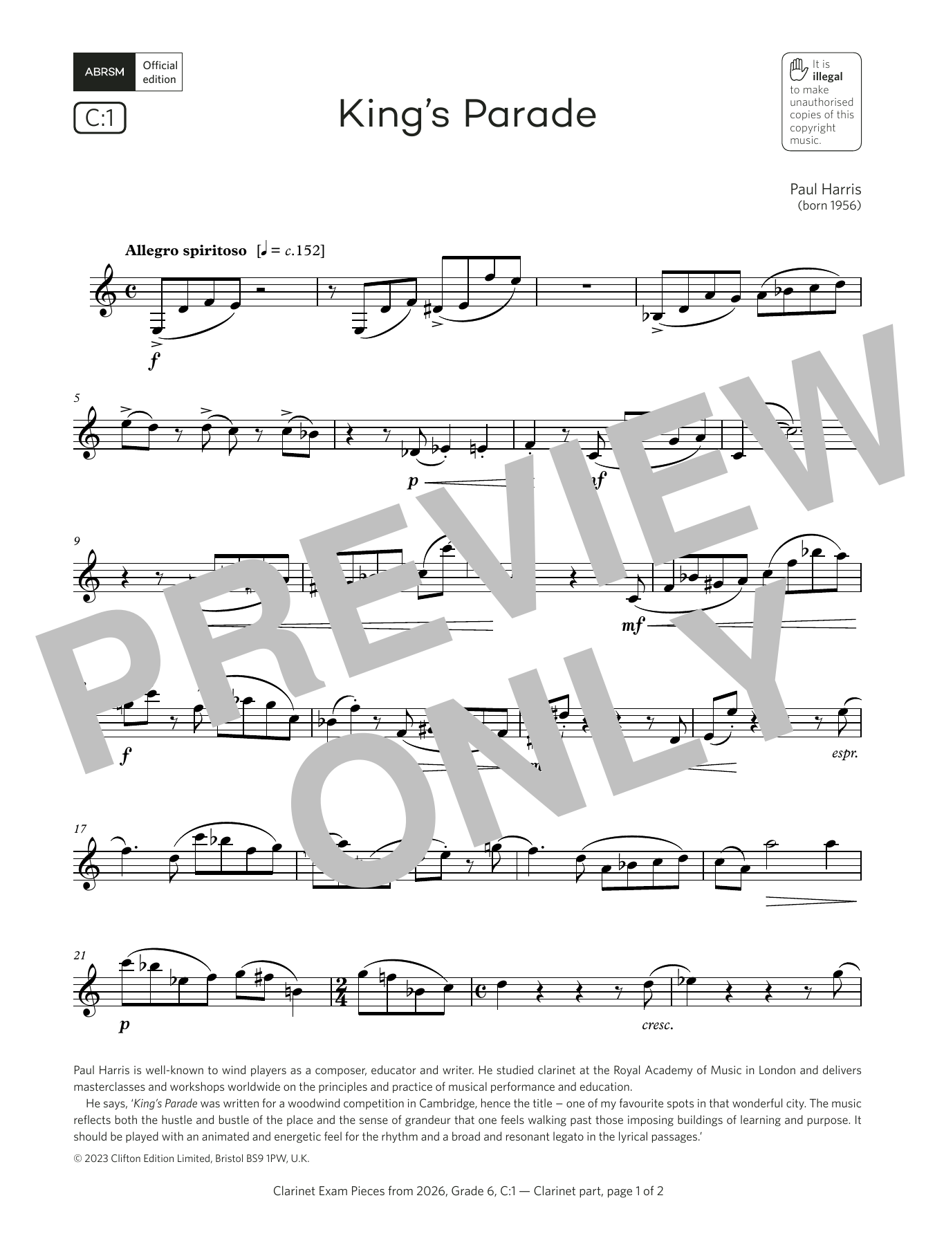 Download Paul Harris King's Parade (Grade 6, list C1, from the ABRSM Clarinet Syllabus from 2026) Sheet Music and learn how to play Clarinet Solo PDF digital score in minutes