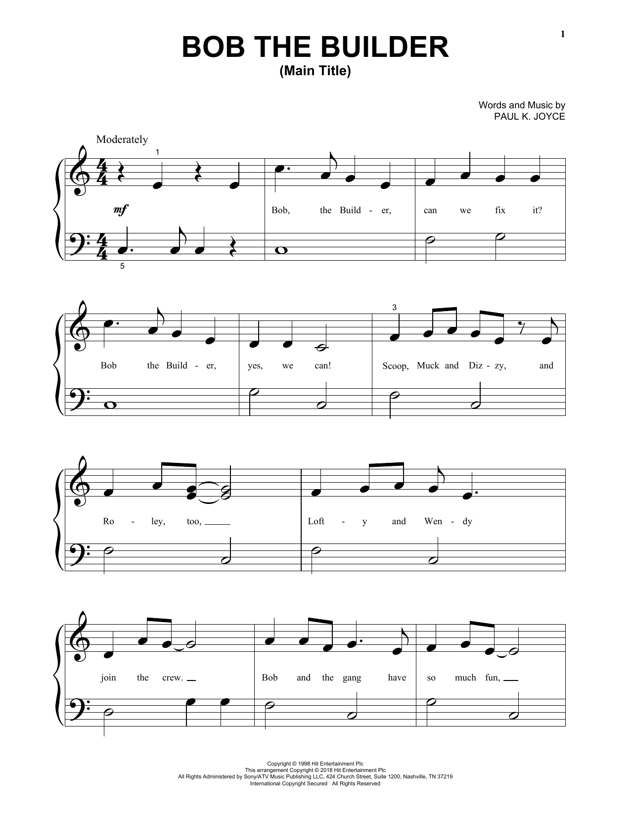 Download Paul K. Joyce Bob The Builder (Main Title) Sheet Music and learn how to play 5-Finger Piano PDF digital score in minutes