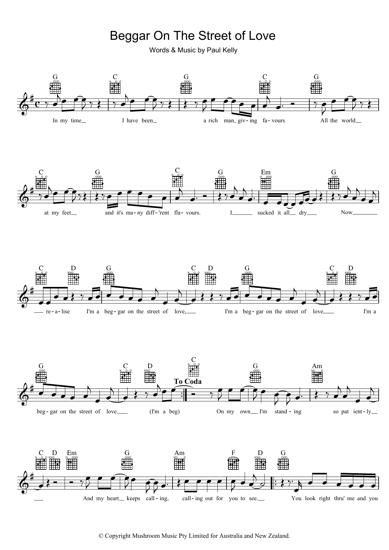 Download Paul Kelly Beggar On The Street Of Love Sheet Music and learn how to play Melody Line, Lyrics & Chords PDF digital score in minutes