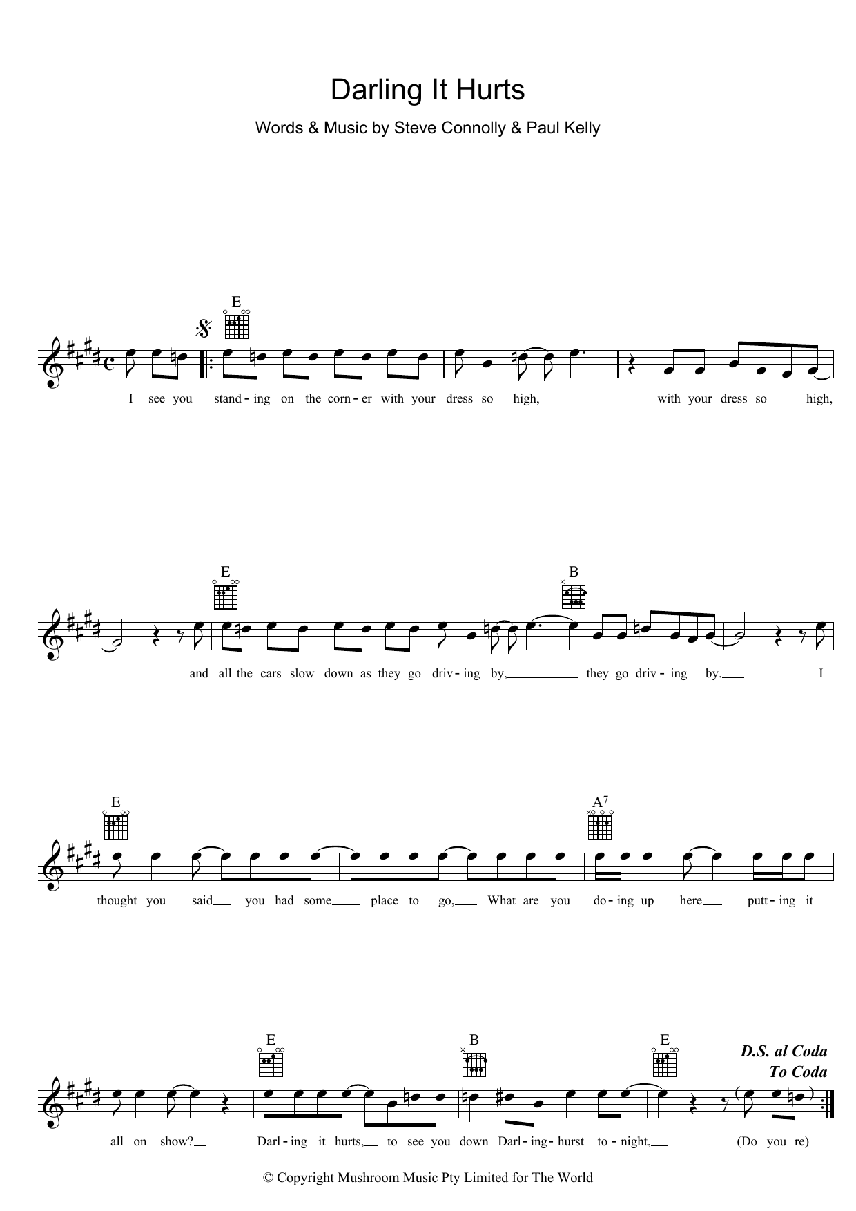 Download Paul Kelly Darling It Hurts Sheet Music and learn how to play Melody Line, Lyrics & Chords PDF digital score in minutes